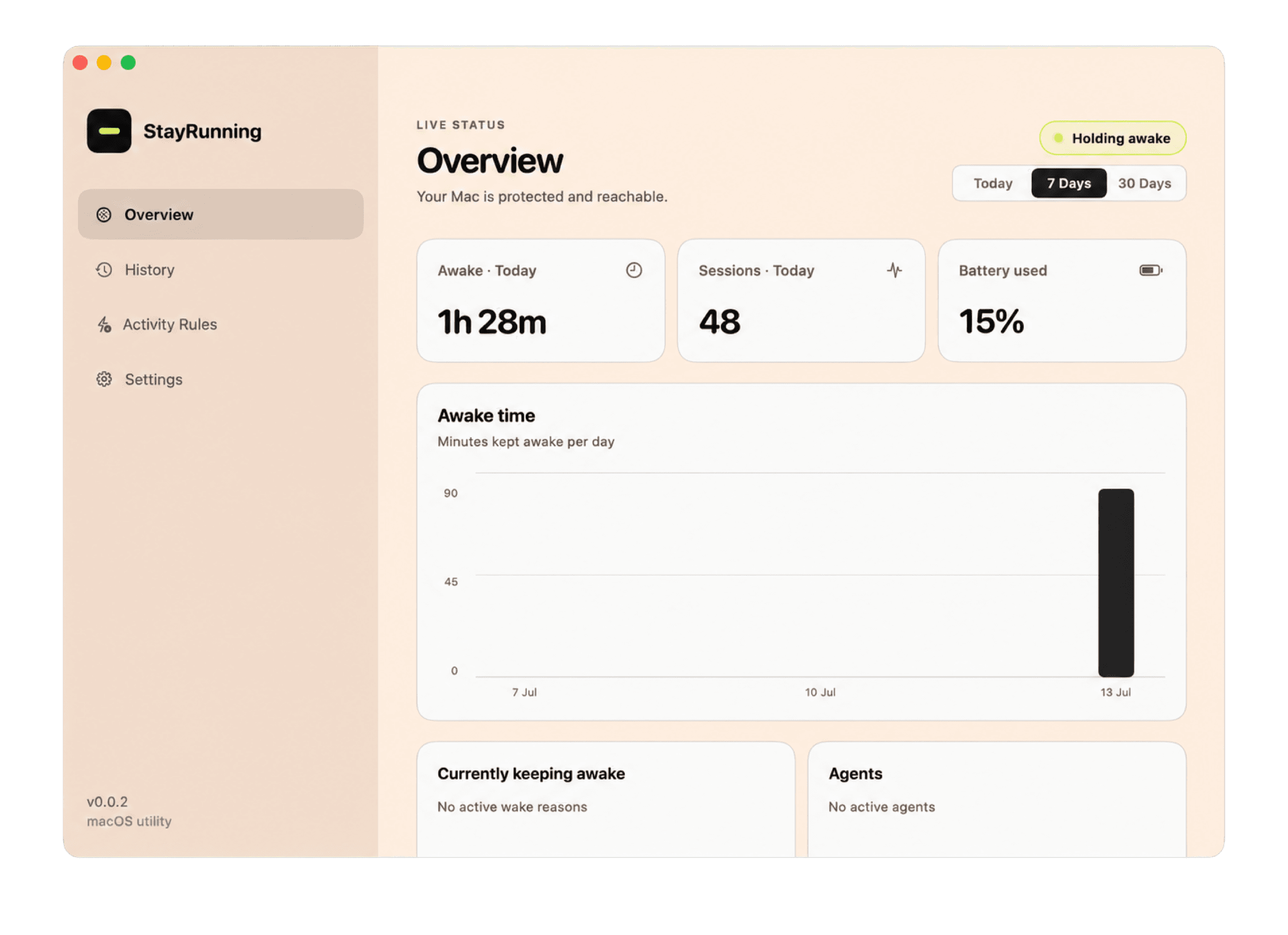 StayRunning dashboard showing the Mac is currently being kept awake